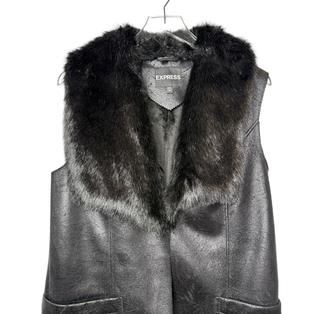 Express Black Faux Fur Oversized Collar Long Line Crackle Sueded Vest Sz L - Picture 5 of 15